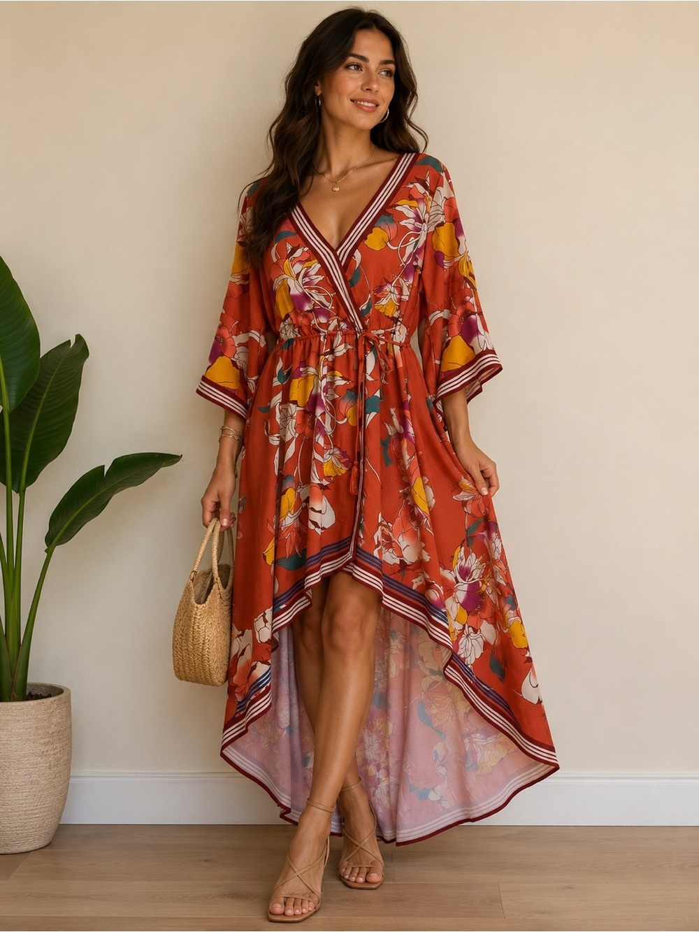 Flying Tomato Rust Floral High-Low Wrap Dress